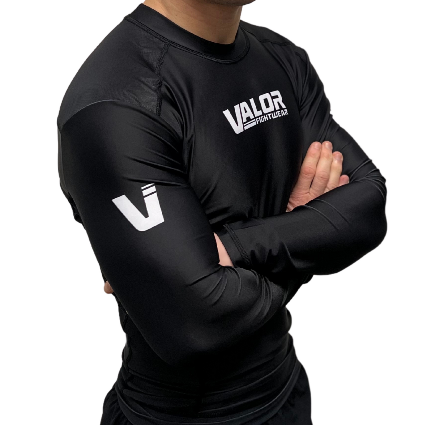 VALOR MESH LONG SLEEVE RASH GUARD WHITE ON BLACK