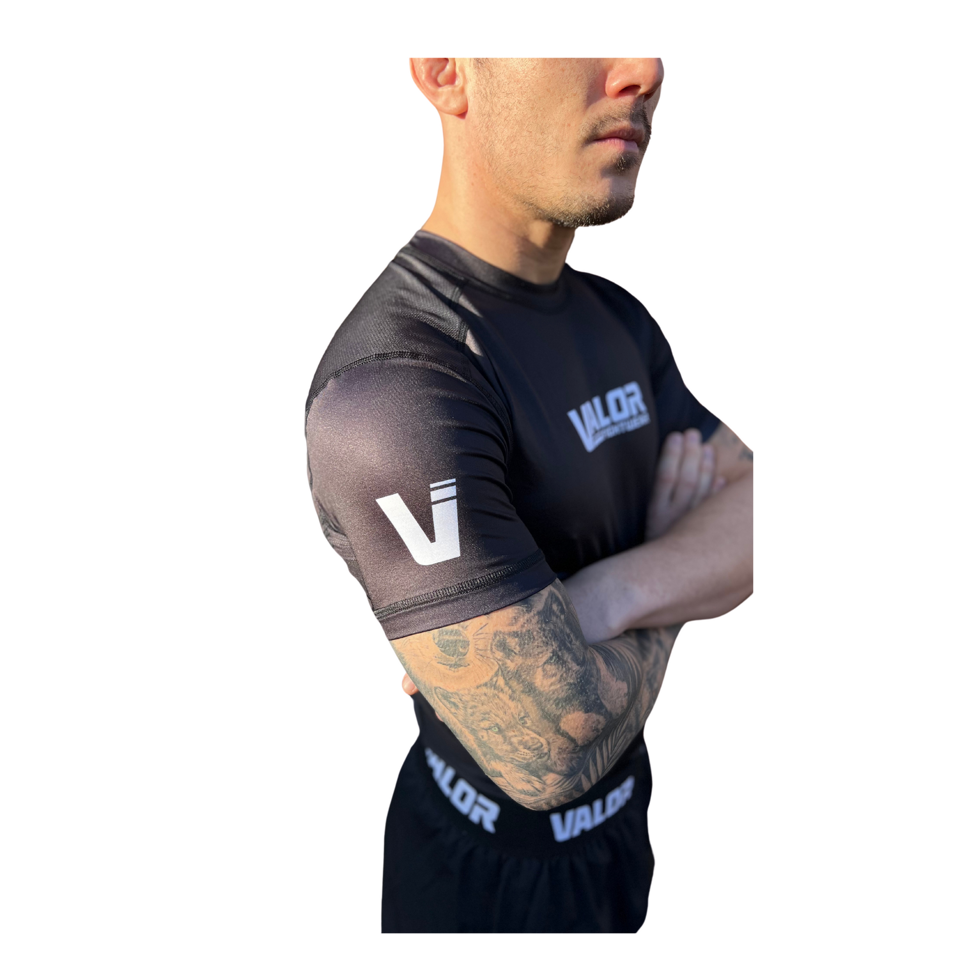 VALOR MESH SHORT SLEEVE RASH GUARD WHITE ON BLACK  Valor Fightwear   